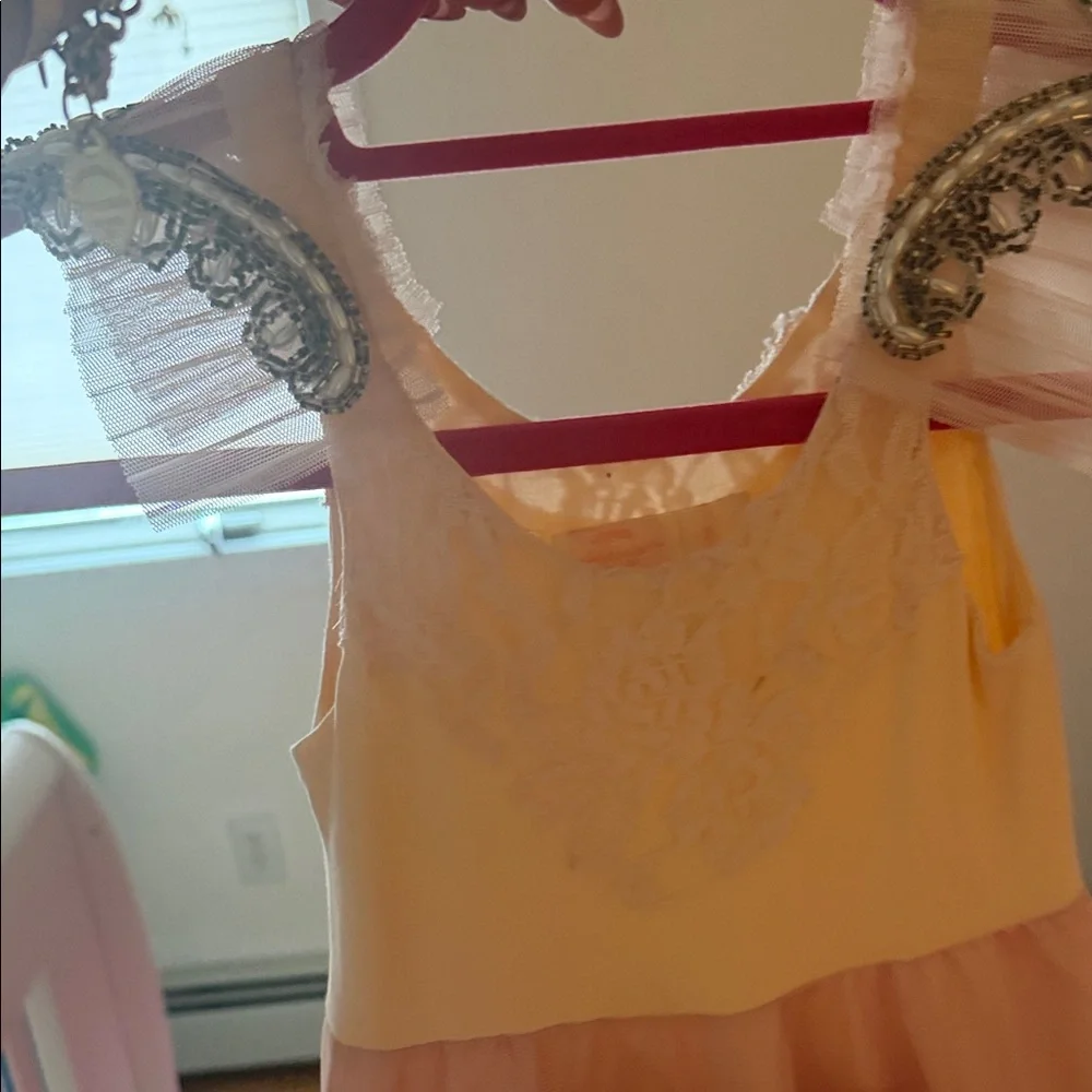 Dollcake Blush Pink Ruffled Tulle Party Dress with Beaded Shoulder Accents